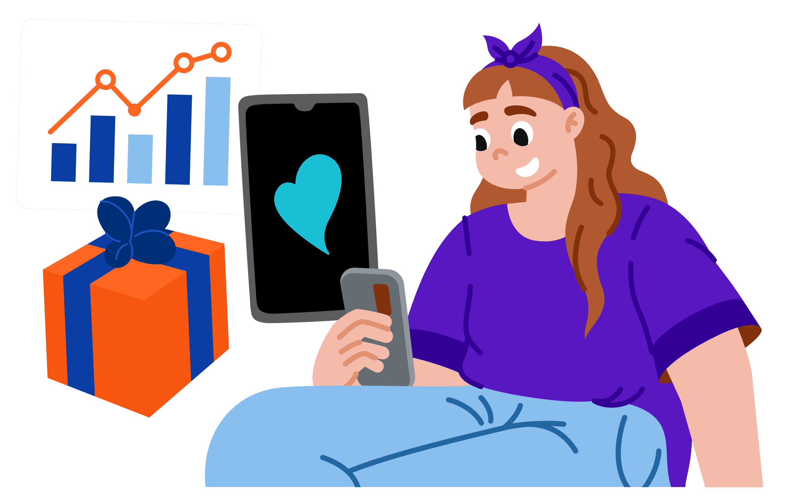 Reader using a phone beside a progress chart, reward box, and digital badge