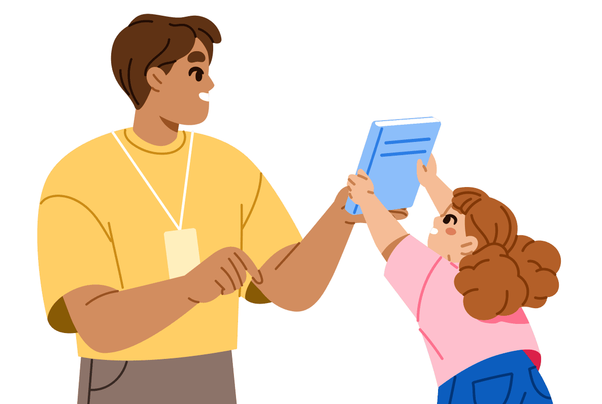 Illustration of an educator handing a book to a student